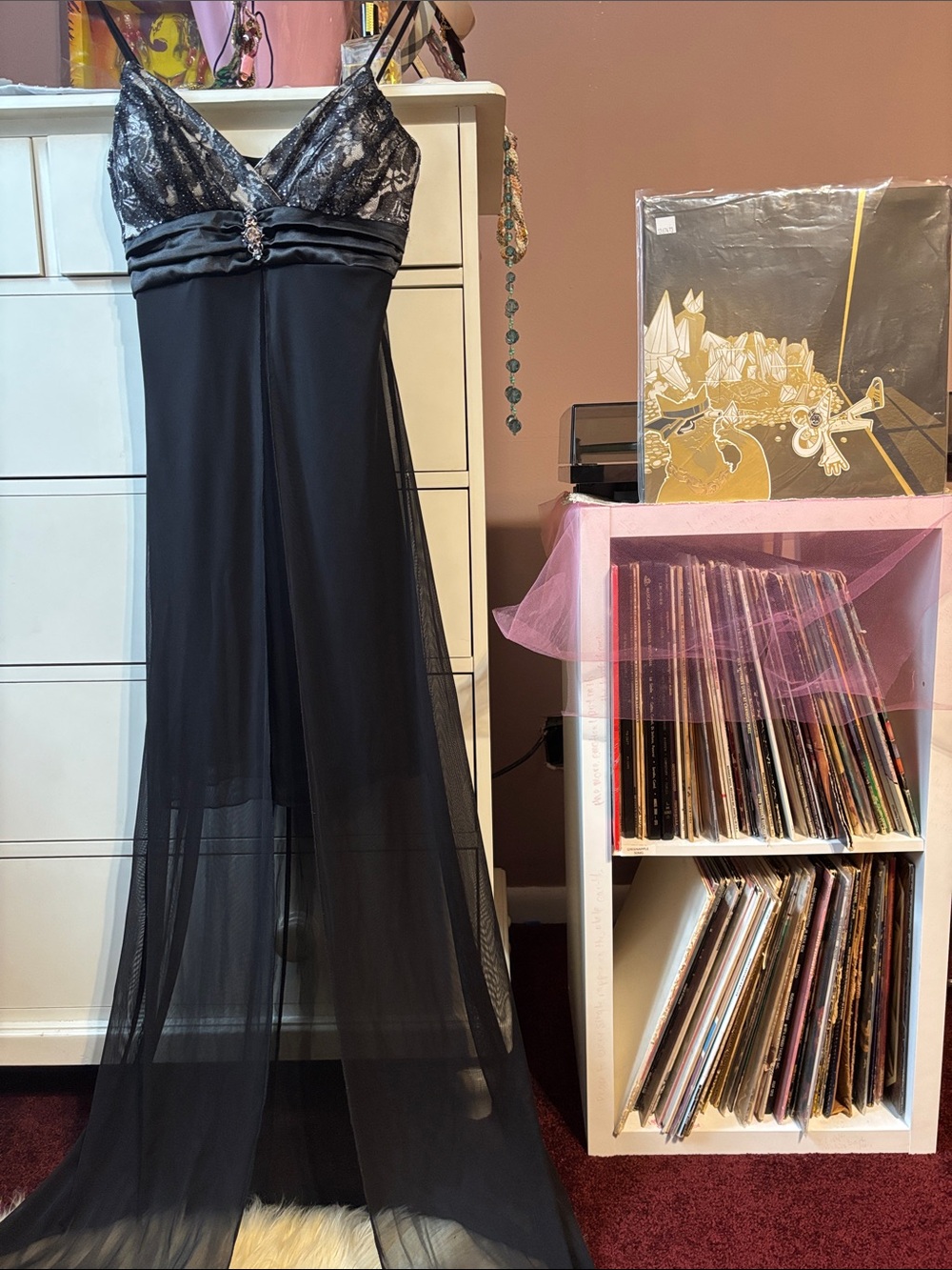 Vintage y2k Black Formal Evening Gown Lace Babydoll Flyaway Slip Party Event 90’